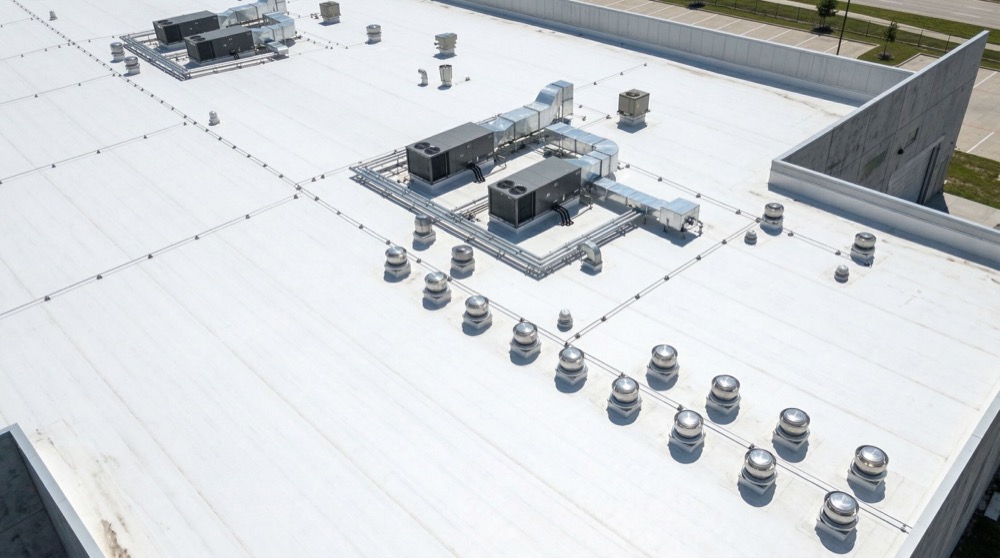Commercial TPO flat roof installation, Texoma region