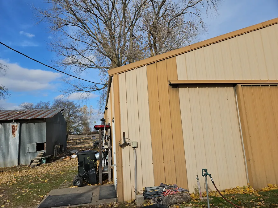 Close view of the R-panel roof on the Blue Ridge shop building